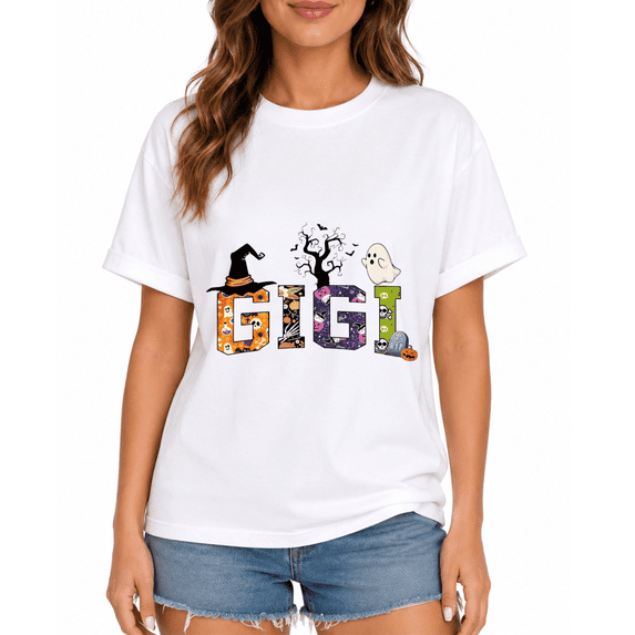 Women's Gigi Halloween Graphic T-Shirt, Fall Party Casual Short Sleeve Everyday Tee