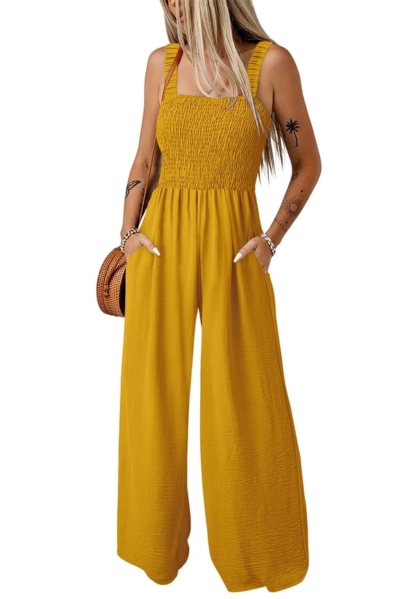 Women's Ginger Smocked Sleeveless Wide Leg Jumpsuit with Pockets – Effortless Summer Style, M