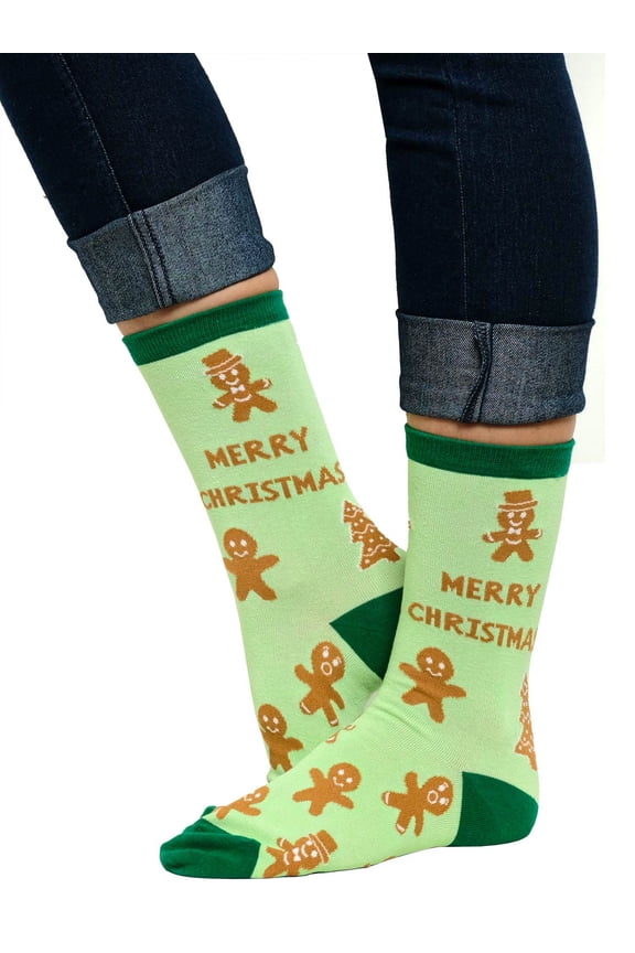 Women's Gingerbread Cookie Christmas Socks Novelty All-Over Print Green Crew
