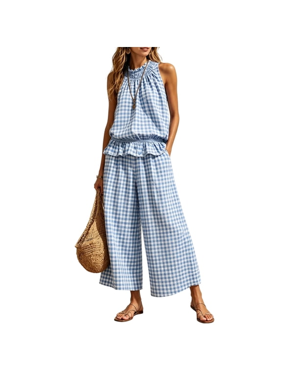 Women's Gingham 2 Piece Set Outfits Sleeveless Ruffle Top Wide Leg Pants Casual Beach Loungewear