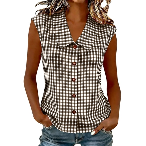 Women's Gingham Babydoll Neck Tank Top Summer Trendy Sleeveless Button Front Blouses Loose Fit Casual Daily Wear Tops Brown