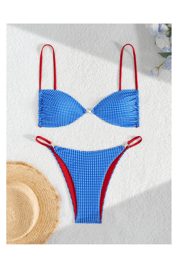 Women's Gingham Bikini Set Push Up Tie Backless Thong Swimsuit - Vintage Two Piece Bathing Suit for Women, Floral Summer Beach Swimwear