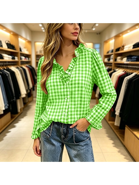 Women's Gingham Blouse Loose Fit Ruffle V neck Button Down Shirt Long Sleeve Casual Checkered Top for Spring Fall Green S