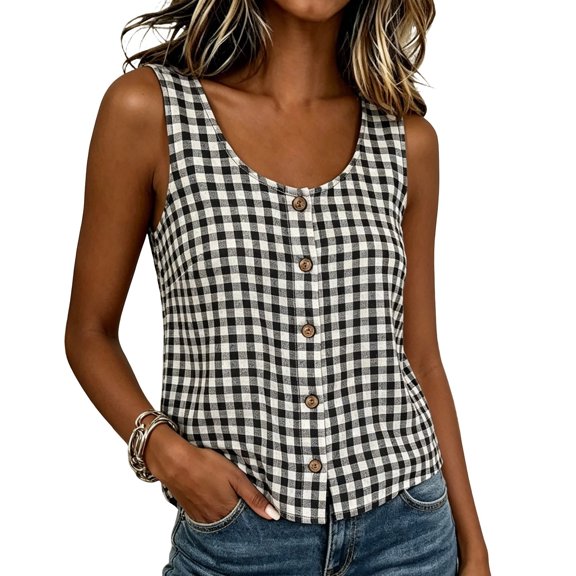 Women's Gingham Button Down Blouse Sleeveless Round Neck Plaid Tank Top Casual Summer Holiday Resort Wear Vest