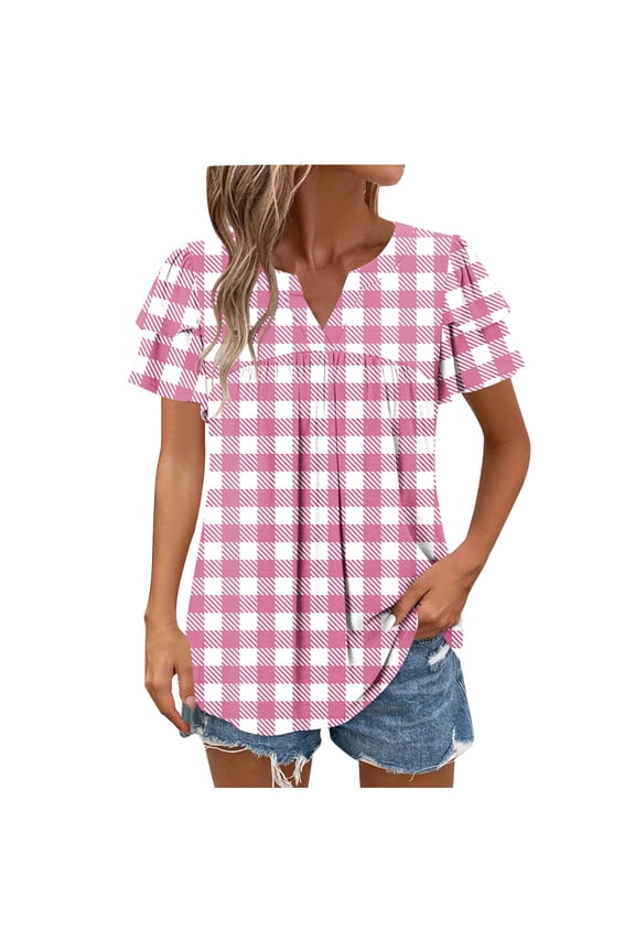 Women's Gingham Check Blouse V-Neck Short Sleeve Top with Flounce Sleeve and Ruffle Detail Casual Spring Summer Fashion