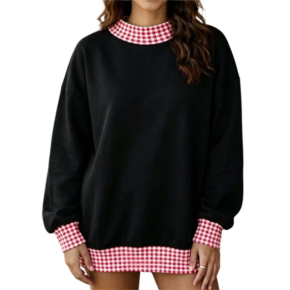 Women's Gingham Check Contrast Sweatshirt Ghalytn Mock Neck Drop Shoulder Loose Pullover Top