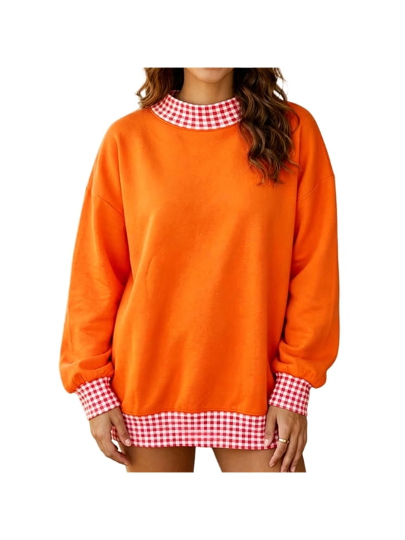 Women's Gingham Check Contrast Sweatshirt Ghalytn Mock Neck Drop Shoulder Loose Pullover Top
