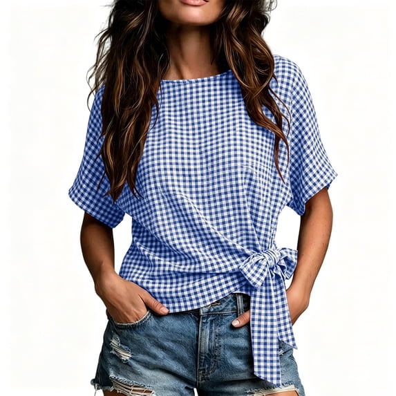 Women's Gingham Cotton Tops Summer Oversized Crew Neck Bow Tie Waist Blouse Fashion Casual Short Sleeve Daily Wear Shirt Blue