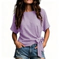 thumbnail image 1 of Women's Gingham Cotton Tops Summer Oversized Crew Neck Bow Tie Waist Blouse Fashion Casual Short Sleeve Daily Wear Shirt Purple, 1 of 5