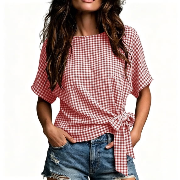 Women's Gingham Cotton Tops Summer Oversized Crew Neck Bow Tie Waist Blouse Fashion Casual Short Sleeve Daily Wear Shirt Red