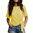 thumbnail image 1 of Women's Gingham Cotton Tops Summer Oversized Crew Neck Bow Tie Waist Blouse Fashion Casual Short Sleeve Daily Wear Shirt Yellow, 1 of 5