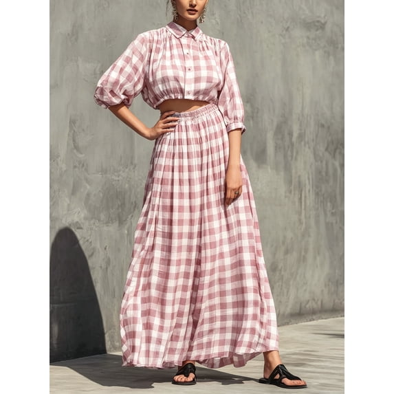 Women's Gingham Crop Top and Maxi Skirt Set, Puff Sleeve Smocked Two Piece Outfit
