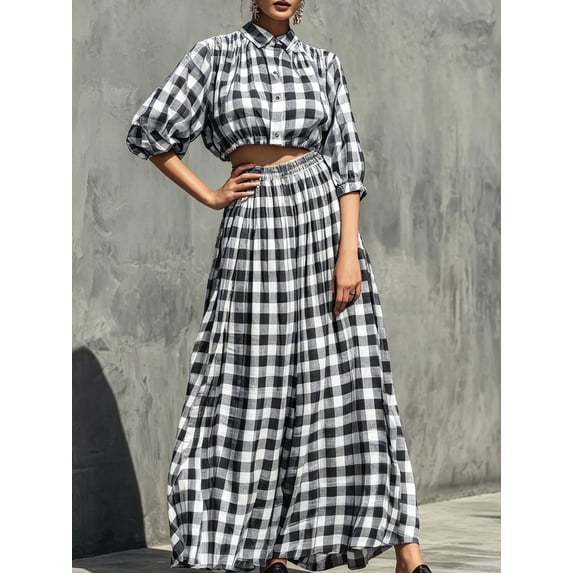Women's Gingham Crop Top and Maxi Skirt Set, Puff Sleeve Smocked Two Piece Outfit