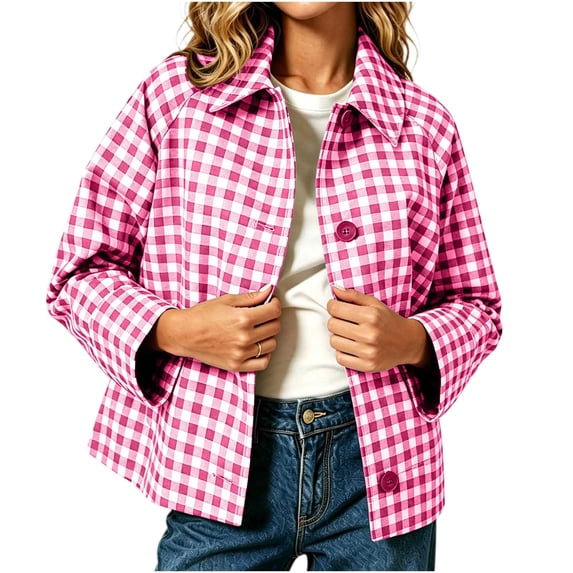 Women's Gingham Cropped Jacket Lapel Collar Loose Fit Casual Shacket