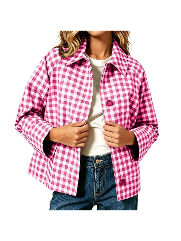 Women's Gingham Cropped Jacket Lapel Collar Loose Fit Casual Shacket