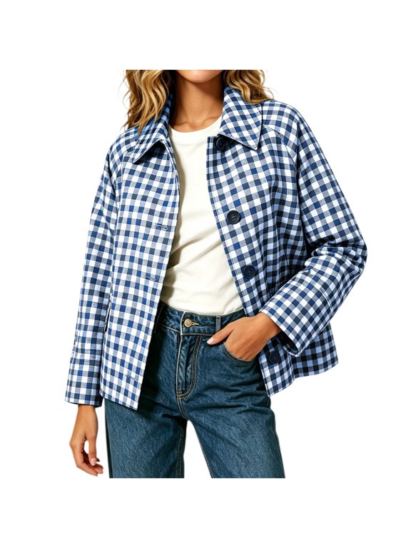 Women's Gingham Cropped Jacket Lapel Collar Loose Fit Casual Shacket