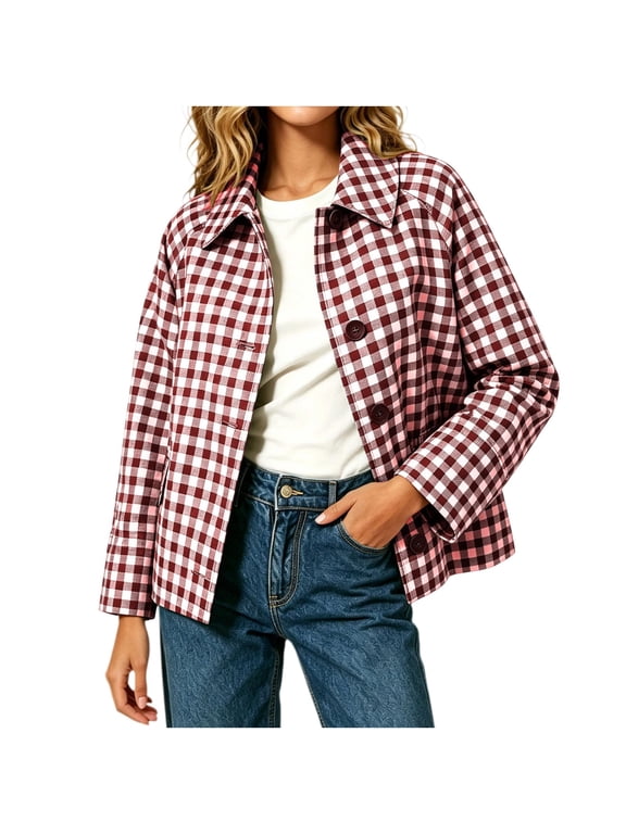 Women's Gingham Cropped Jacket Lapel Collar Loose Fit Casual Shacket
