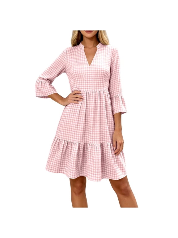 Women's Gingham Dress V-Neck Bell Sleeve Tiered Mini Dress Lightweight Breathable Casual Brunch Sundress, Dresses for Women Pink L