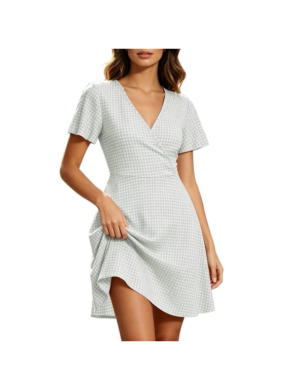 Women's Gingham Dresses V Neck Short Sleeve Wrap A-Line Mini Dress Lightweight Flowy Casual Summer Sundress Gray XL