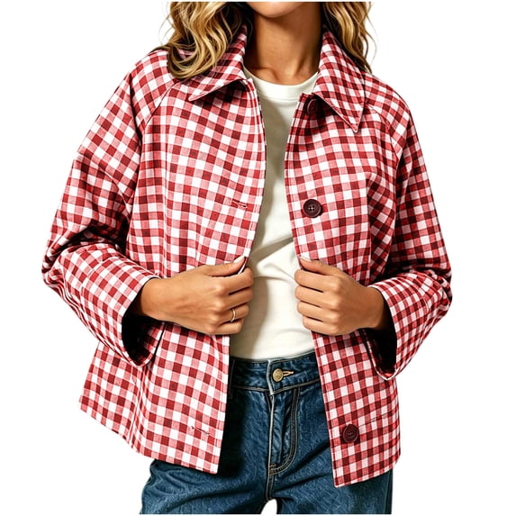 Women's Gingham Jacket Lightweight Long Sleeve Button Down Cropped Trench Coat Fall Winter Women's Plaid Shacket