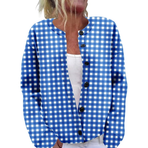 Women's Gingham Knit Cardigan Sweater, Crew Neck Button Front Long Sleeve Casual Top for Fall Winter Everyday Wear