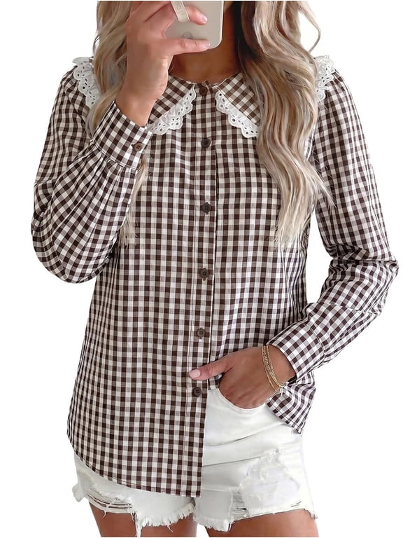 Women's Gingham Lace Ruffle Round Doll Collar Button Down Long Sleeve Plaid Casual Blouse Top Brown XXL
