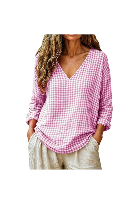 Women's Gingham Long Sleeve Tops V Neck Loose Cottagecore Shirts Fall Casual Camping Blouses