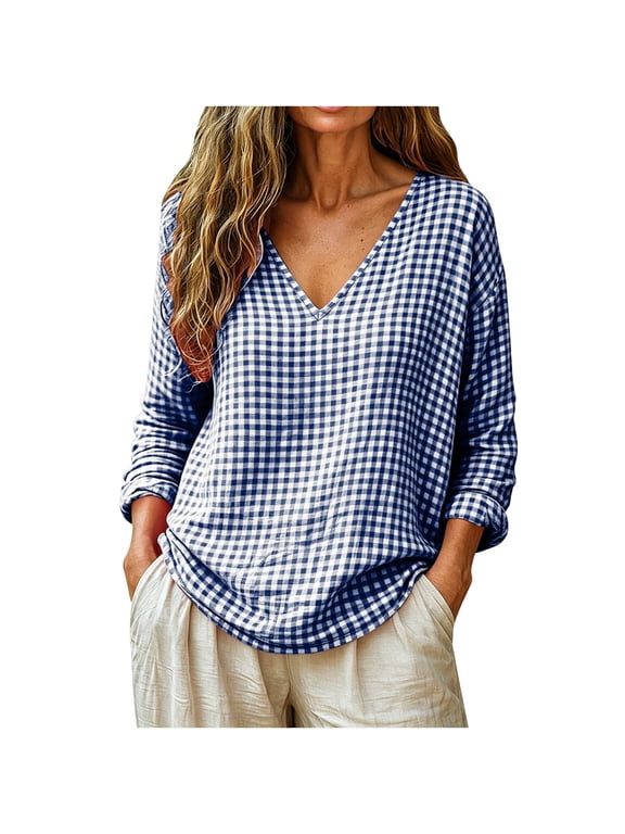 Women's Gingham Long Sleeve Tops V Neck Loose Cottagecore Shirts Fall Casual Camping Blouses