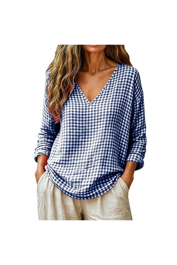 Women's Gingham Long Sleeve Tops V Neck Loose Cottagecore Shirts Fall Casual Camping Blouses