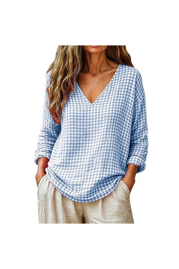 Women's Gingham Long Sleeve Tops V Neck Loose Cottagecore Shirts Fall Casual Camping Blouses