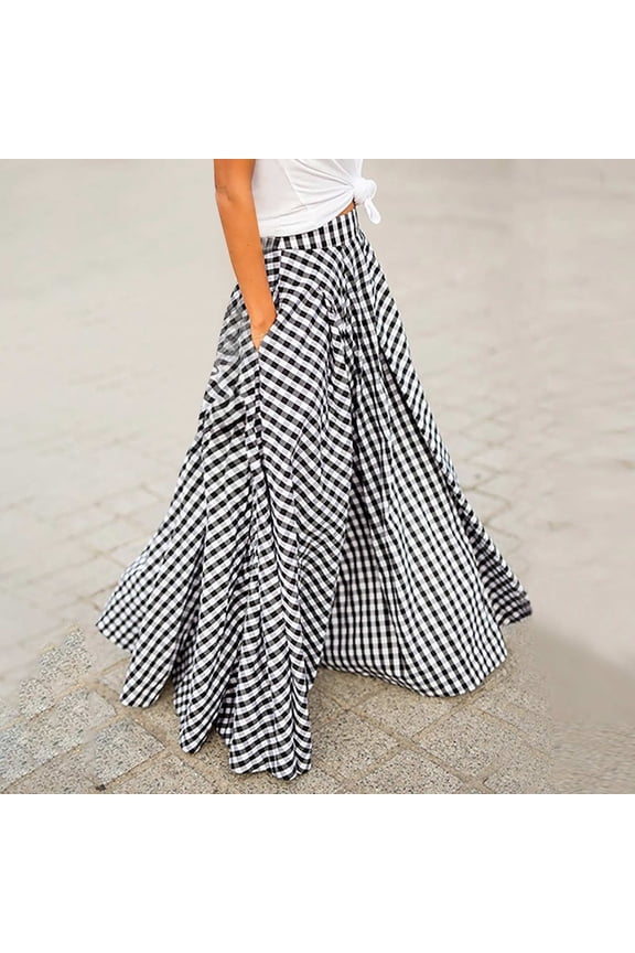 Women's Gingham Maxi Skirt High Waist Plaid Long Skirts for Women Pleated A Line Flowy Checkered Skirt Summer Casual, 2026 New Limited Time Offer