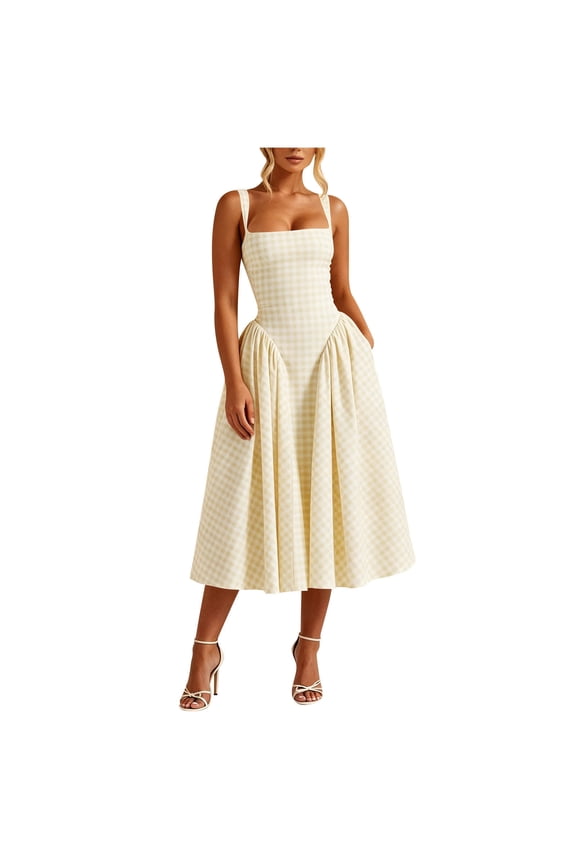 Women's Gingham Midi Dress Trendy 2026 Y2k Sleeveless Square Neck A-Line Drop-Waist Wedding Guest Dresses
