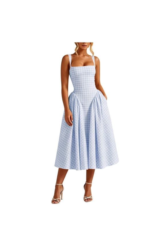 Women's Gingham Midi Dress Trendy 2026 Y2k Sleeveless Square Neck A-Line Drop-Waist Wedding Guest Dresses