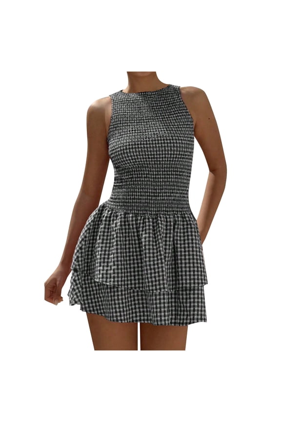 Women's Gingham Mini Dress Cute Tiered Ruffle Smocked Plaid A Line Dresses Layered Vacation Sleeveless Tank Dress