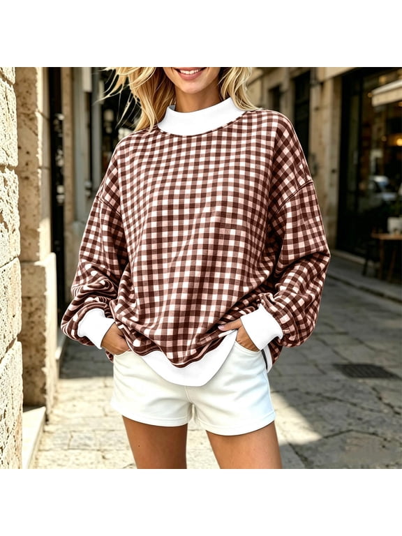 Women's Gingham Mock Neck Sweatshirt Long Sleeve Loose Fit Plaid Pullover Casual Spring Autumn Winter Tops Brown XXL
