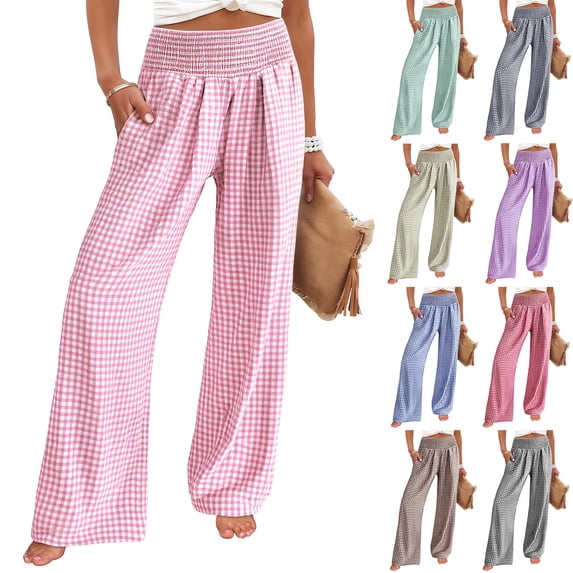 Women's Gingham Palazzo Pants Smocked High Waist Wide Leg Trousers Casual Loose Plaid Straight Leg Slacks with Pockets for Beach