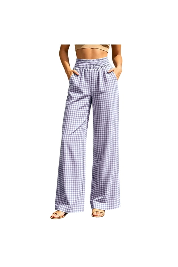 Women's Gingham Pants 2026 Casual Wide Leg Elastic Waist Pants Cute Comfy Bottoms with Pockets Plaid Outfits, Trousers Pants for Women High Waisted
