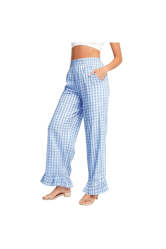 Women's Gingham Pants Y2K Wide Leg Ruffle Hem Lounge Pants Plaid Elastic Wasited Pajama Trouser with Pockets Pjs Pant
