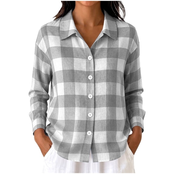 Women's Gingham Plaid Button Down Shirt Oversized Lapel Collar Long Sleeve Tunic Blouses Lightweight Soft Blouse Tops Casual Streetwear Gray