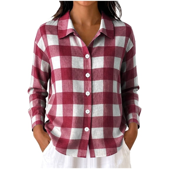 Women's Gingham Plaid Button Down Shirt Oversized Lapel Collar Long Sleeve Tunic Blouses Lightweight Soft Blouse Tops Casual Streetwear Wine