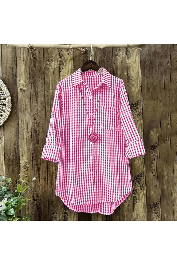 Women's Gingham Plaid Button-Down Tunic Shirt, 3/4 Roll-Up Sleeve Linen Blend Casual Blouse, Oversized Longline Top, 6 Colors, Sizes M-5XL