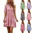 thumbnail image 1 of Women's Gingham Plaid Cotton Linen Blend Shirt Dress Collared Short Sleeve Button-Down Casual A-Line Mini Dress for Everyday Vacation Red XL(XL), 1 of 7