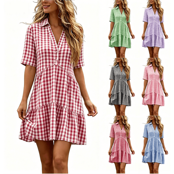 Women's Gingham Plaid Cotton Linen Blend Shirt Dress Collared Short Sleeve Button-Down Casual A-Line Mini Dress for Everyday Vacation Red XL(XL)