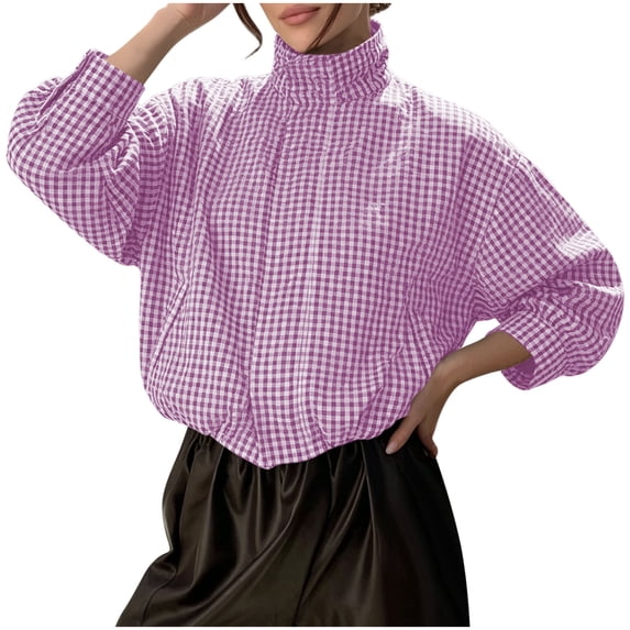 Women's Gingham Plaid Cropped Windbreaker Jacket Zip Up Mock Neck Long Balloon Sleeve Wind‑Resistant Loose Fit Casual Fall Spring Outerwear Purple