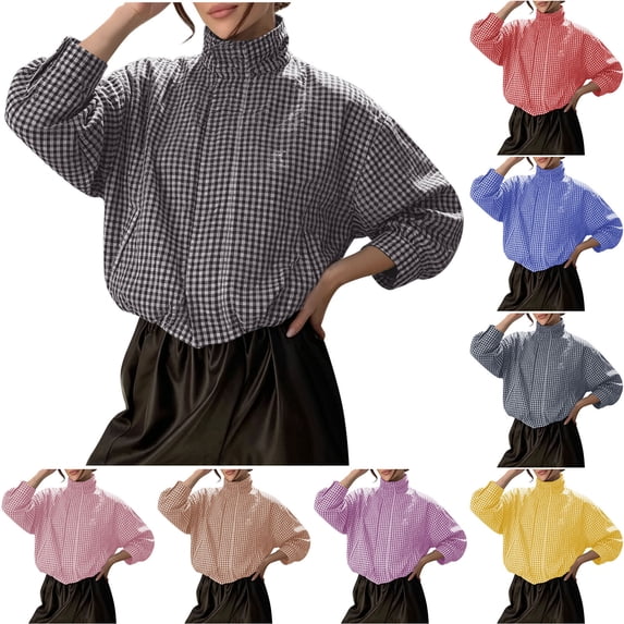 Women's Gingham Plaid Cropped Windbreaker Jacket Zip Up Mock Neck Long Balloon Sleeve Wind‑Resistant Loose Fit Casual Fall Spring Outerwear Yellow
