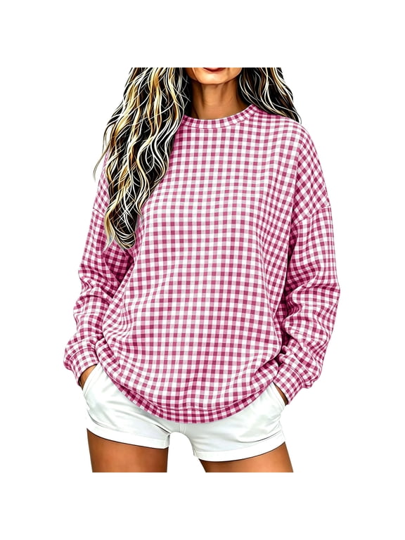 Women's Gingham Plaid Fleece Lined Sweatshirt Crew Neck Long Sleeve Oversized Loose Fit Warm Soft Casual Fall Winter Pullover Y2K Streetwear Pink