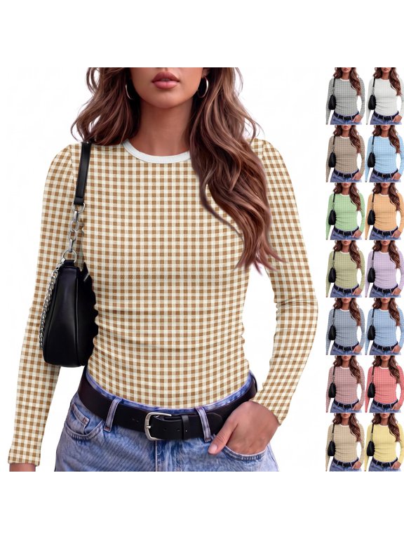 Women's Gingham Plaid Long Sleeve Crew Neck Fitted T Shirts, Soft Stretchy Slim Fit Basic Tee, Casual Ribbed Round Neck Fall Layering Tops for Daily Wear Light Brown S