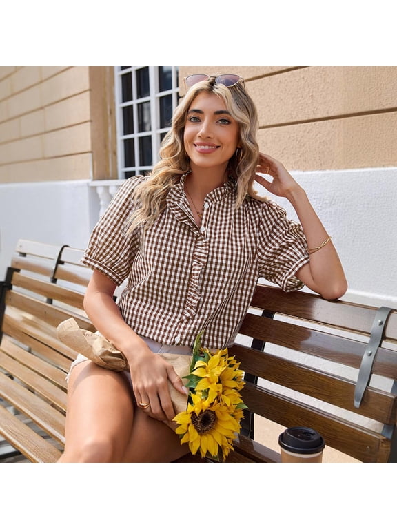 Women's Gingham Plaid Button Down Shirt, Ruffle Stand Collar Short Puff Sleeve Casual Blouse Top 03-Brown S