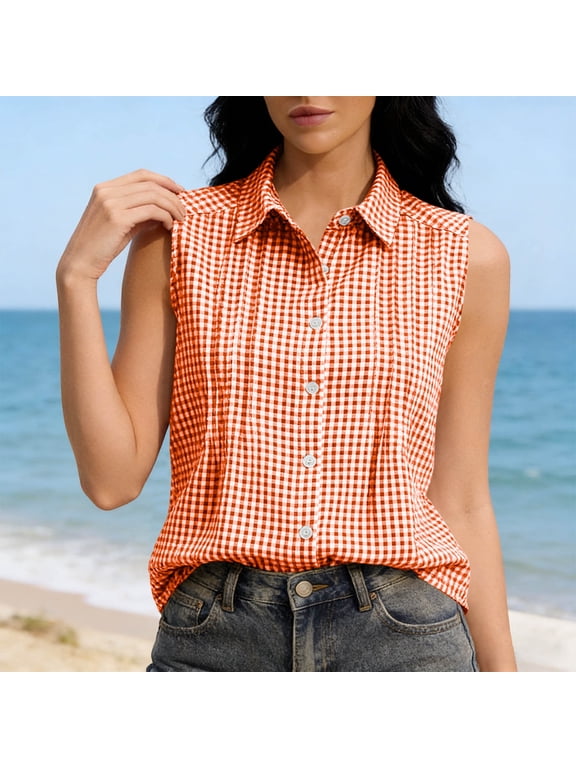 Women's Gingham Plaid Sleeveless Button-Down Shirt, Collared Blouse Casual Daily Wear Tops Linen Blouse Tops Orange M