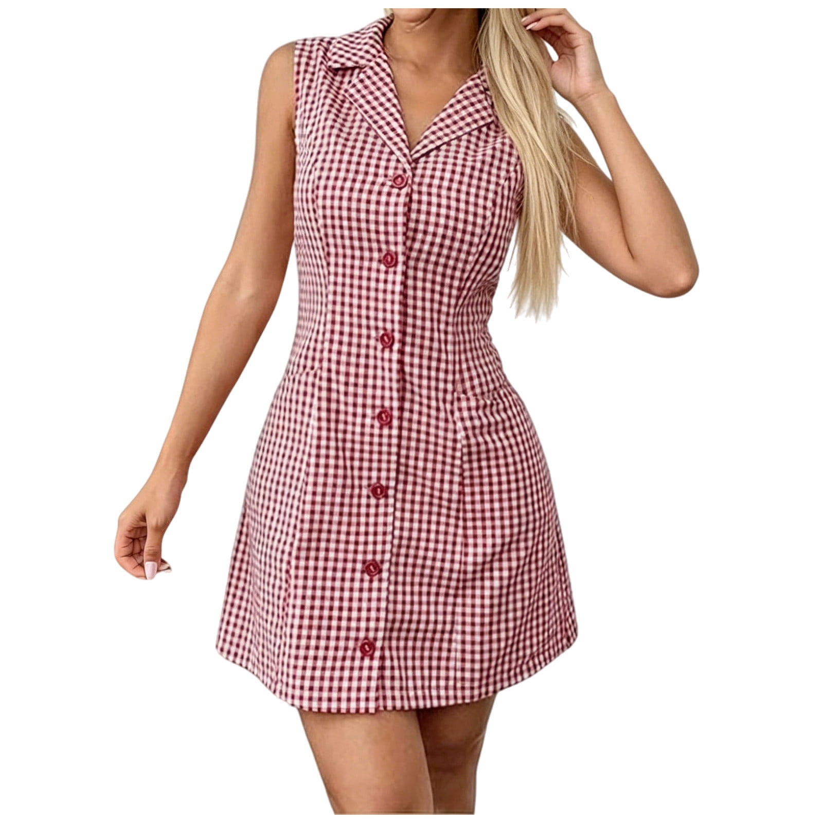 Women's Gingham Plaid Sleeveless Collared Mini Dress Button Front Tie Back Casual Dress with Pockets Red S(S)